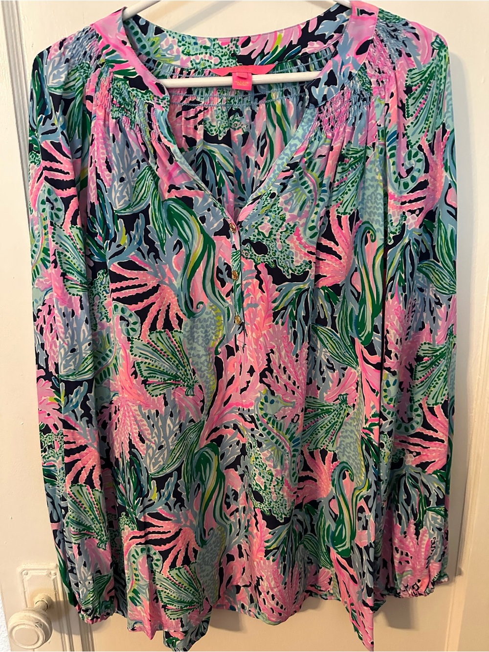 Lilly Pulitzer Pink Green Blue Floral Peasant Blouse